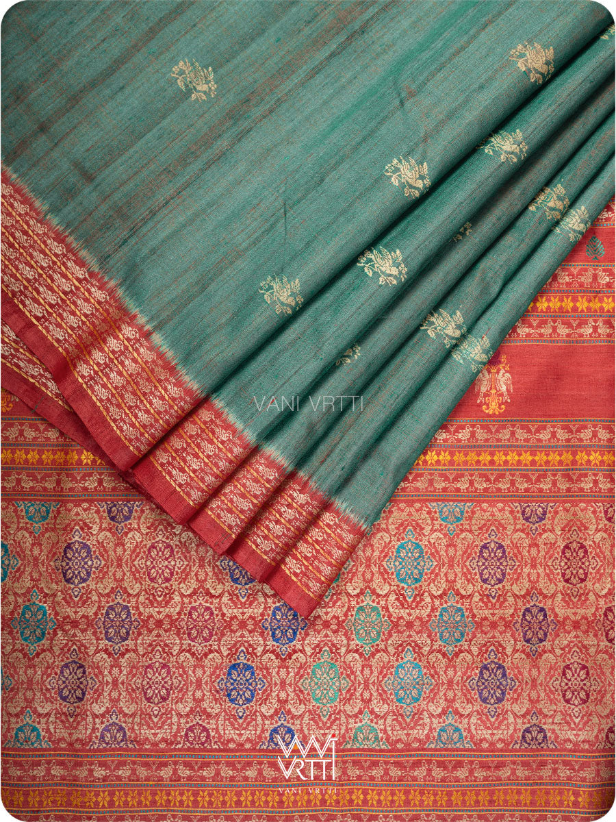 Bottle Green Red Nightingale Master Weave Exclusive Handspun Tussar Silk Saree