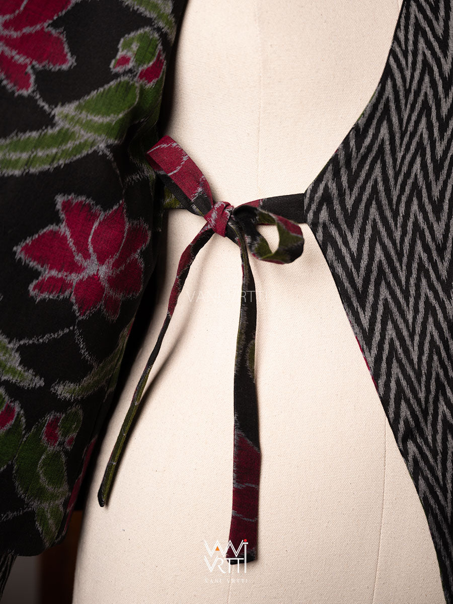 Black Lotus Parrot Reversible Zig Zag Ikat Overlap Waist Length Jacket