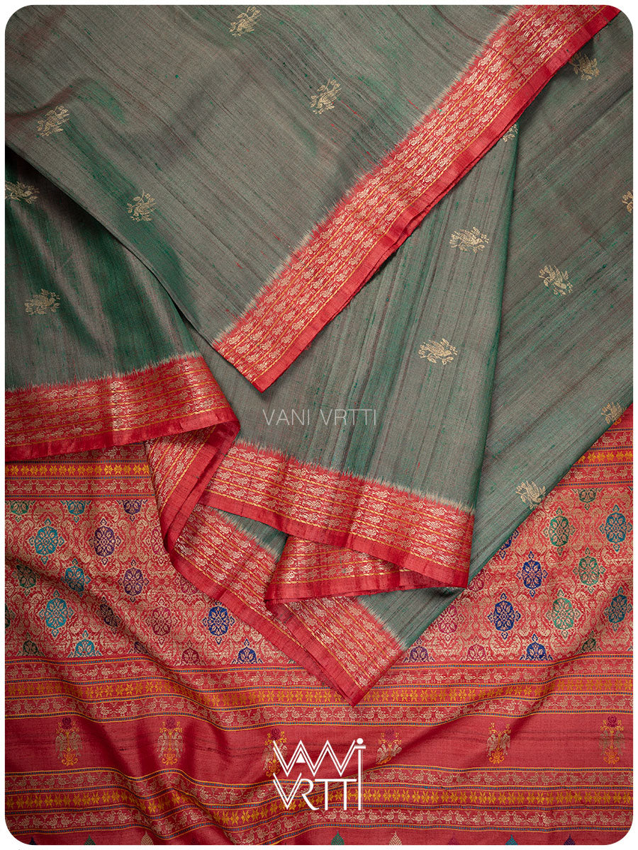 Bottle Green Red Nightingale Master Weave Exclusive Handspun Tussar Silk Saree