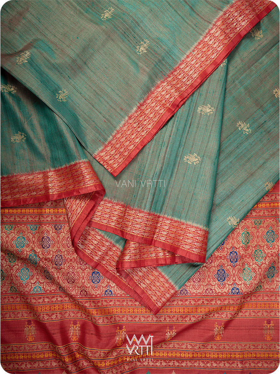 Bottle Green Red Nightingale Master Weave Exclusive Handspun Tussar Silk Saree