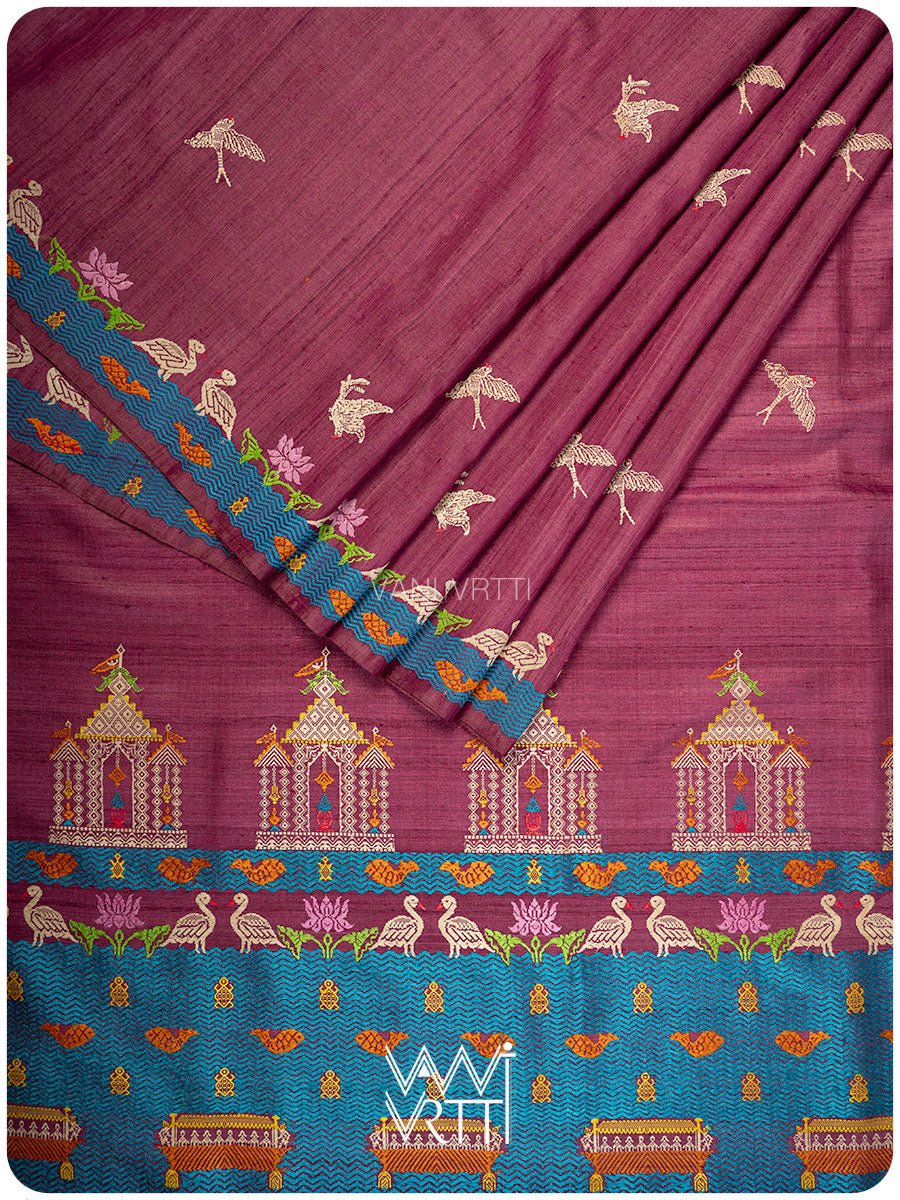 Deep Plum Pink Chilika Master Weave Exclusive Handspun Tussar Silk Saree