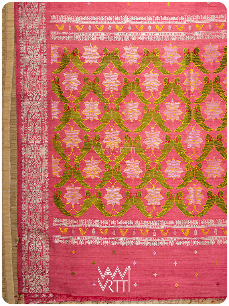 Carrot Red Lotus Parrot Jaal Designer Exclusive Handspun Handwoven Tussar Silk Saree