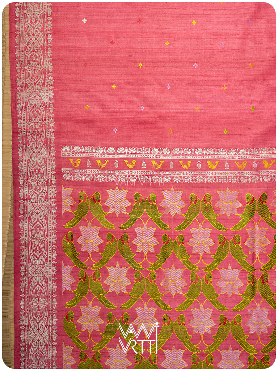 Carrot Red Lotus Parrot Jaal Designer Exclusive Handspun Handwoven Tussar Silk Saree