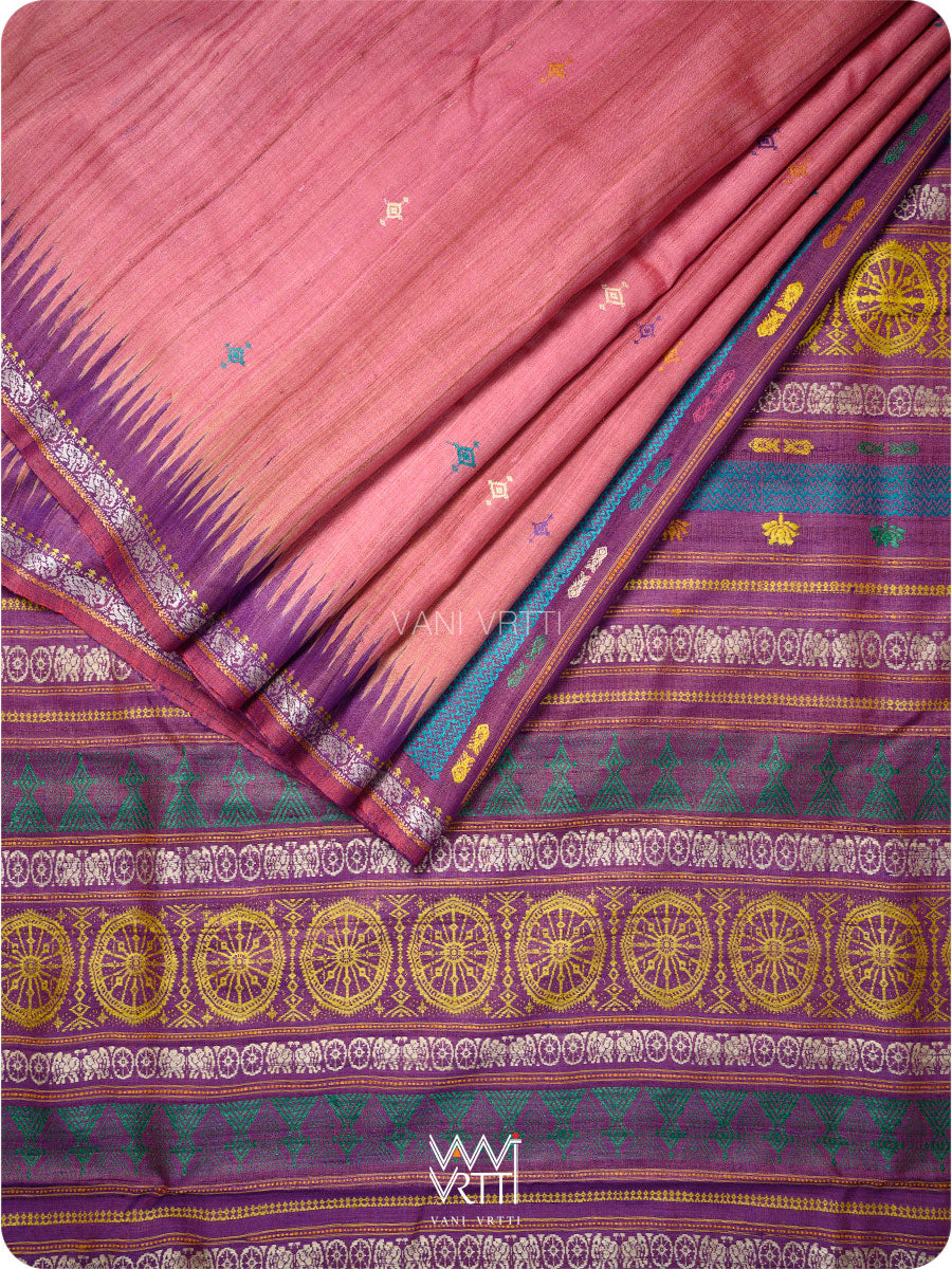 Rose Pink Purple Airavata Konark Double Palla Handspun Tussar Silk Saree