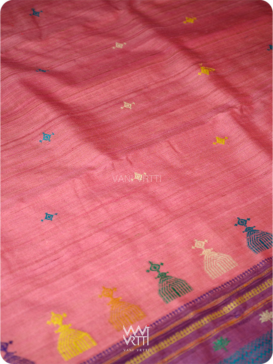 Rose Pink Purple Airavata Konark Double Palla Handspun Tussar Silk Saree