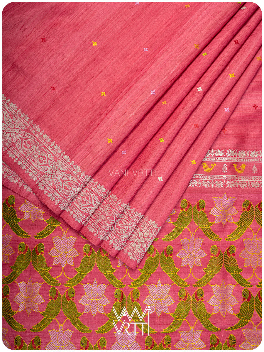 Carrot Red Lotus Parrot Jaal Designer Exclusive Handspun Handwoven Tussar Silk Saree