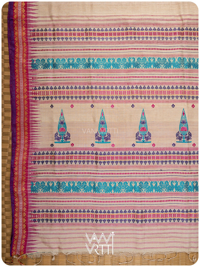 Off White Tree of Life Handspun Tussar Silk Saree