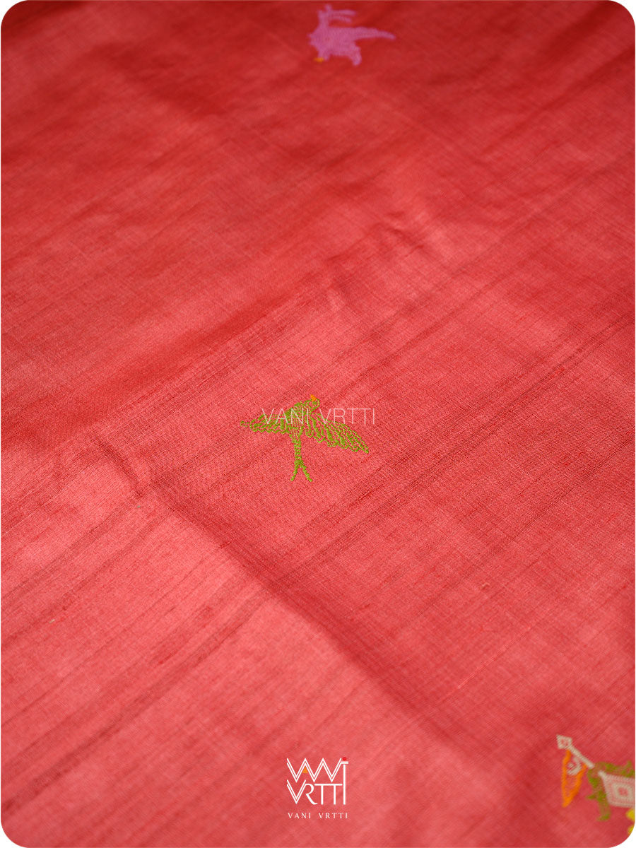 Cherry Red Chilika Master Weave Exclusive Handspun Tussar Silk Saree