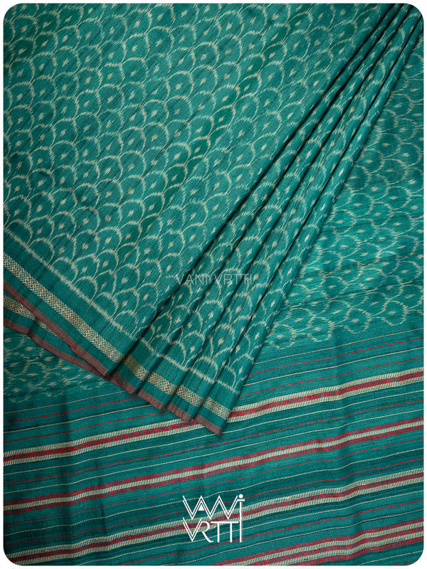 Emerald Green Samudra Lahar Ikat Handspun Tussar Silk Saree