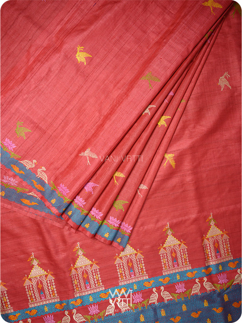 Cherry Red Chilika Master Weave Exclusive Handspun Tussar Silk Saree
