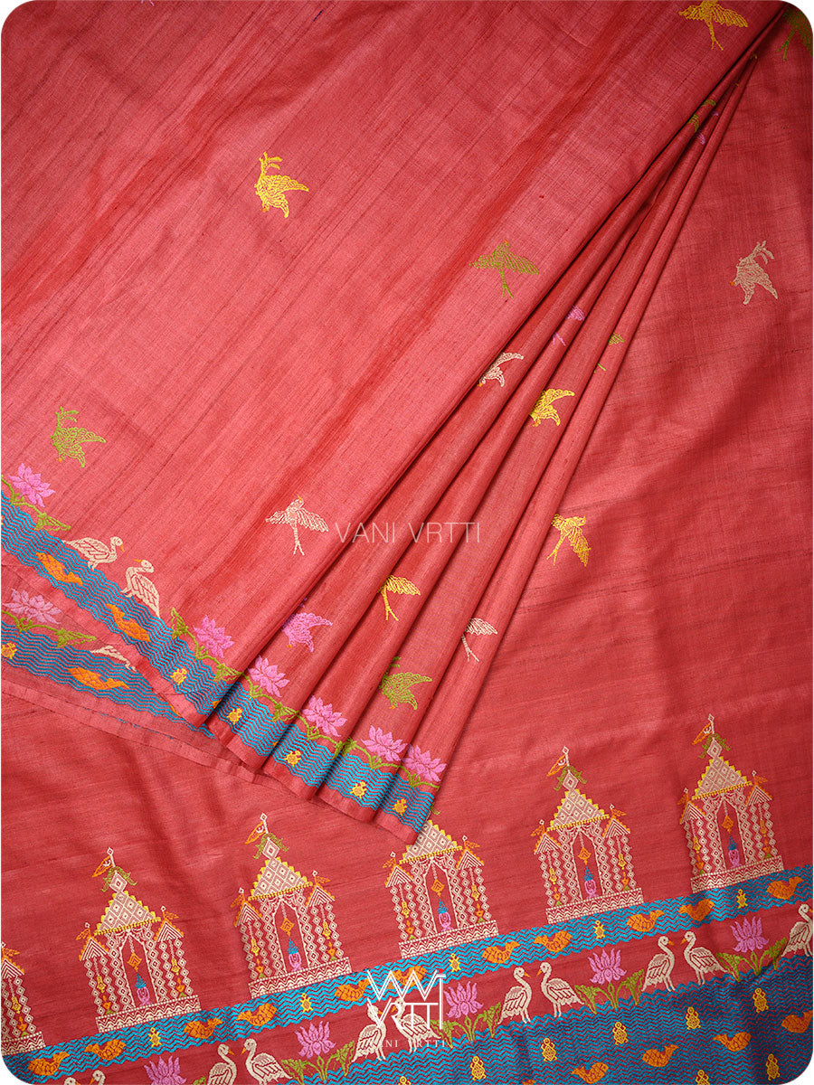 Cherry Red Chilika Master Weave Exclusive Handspun Tussar Silk Saree