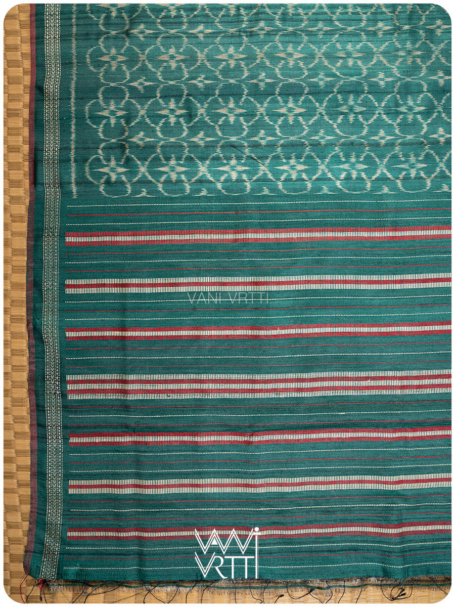 Bottle Green Chrysanthemum Master Weave Designer Handspun Ikat Tussar Silk Sari