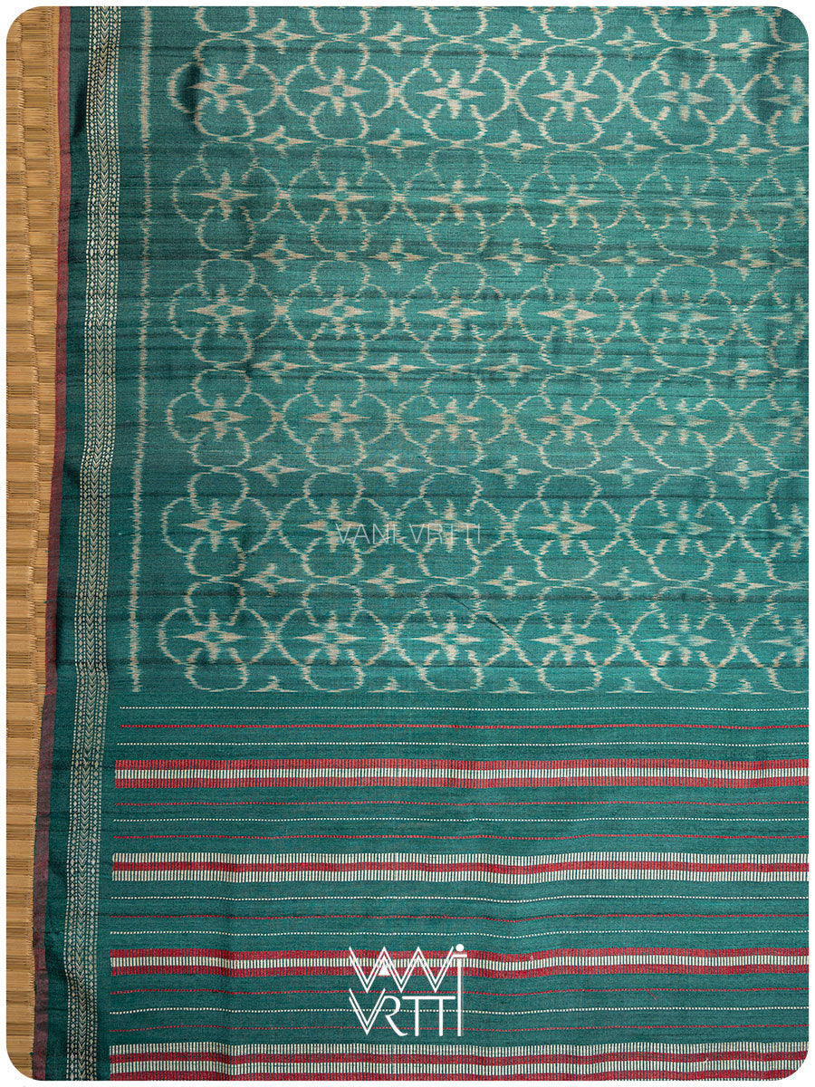 Bottle Green Chrysanthemum Master Weave Designer Handspun Ikat Tussar Silk Sari