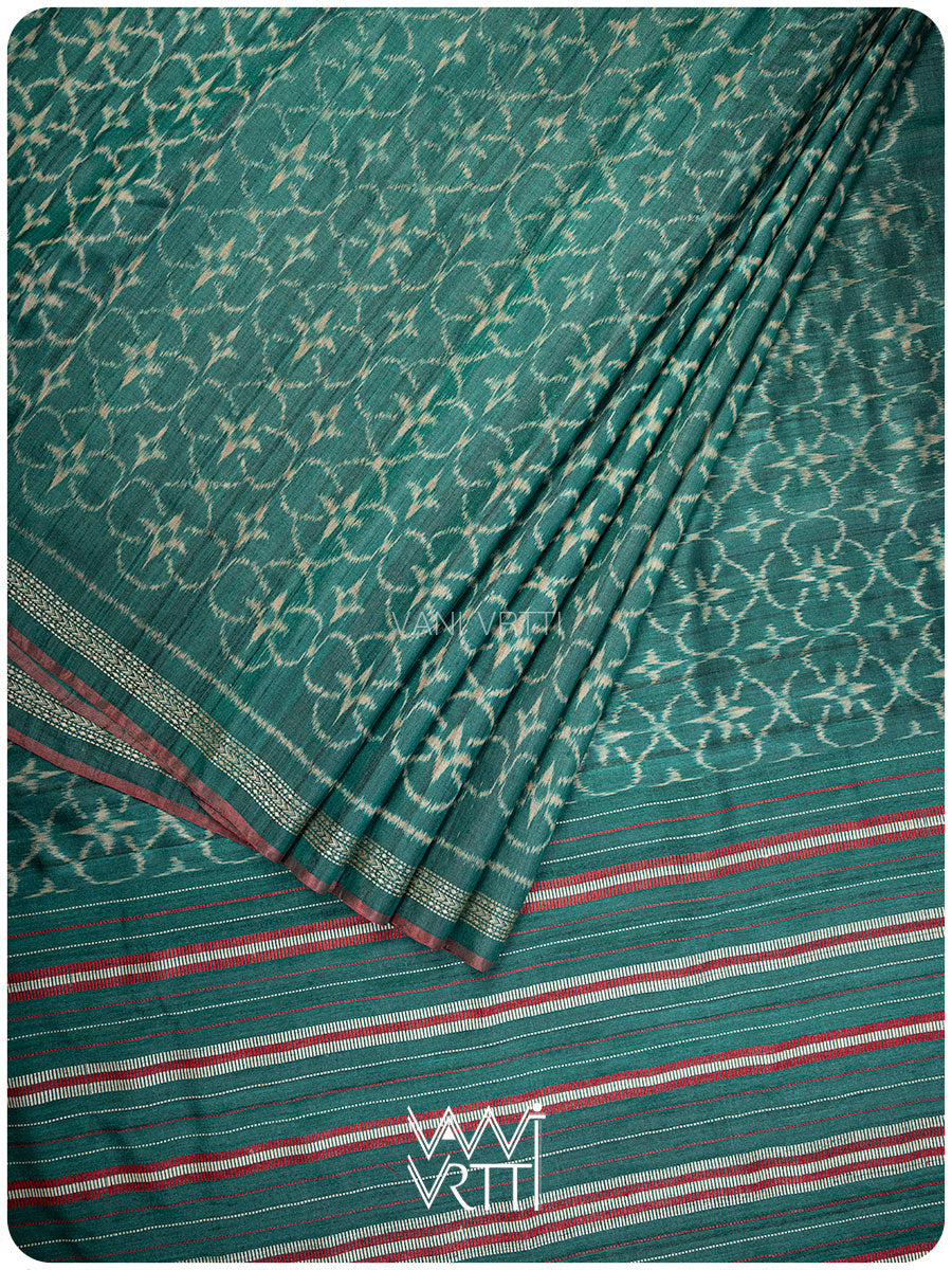 Bottle Green Chrysanthemum Master Weave Designer Handspun Ikat Tussar Silk Sari