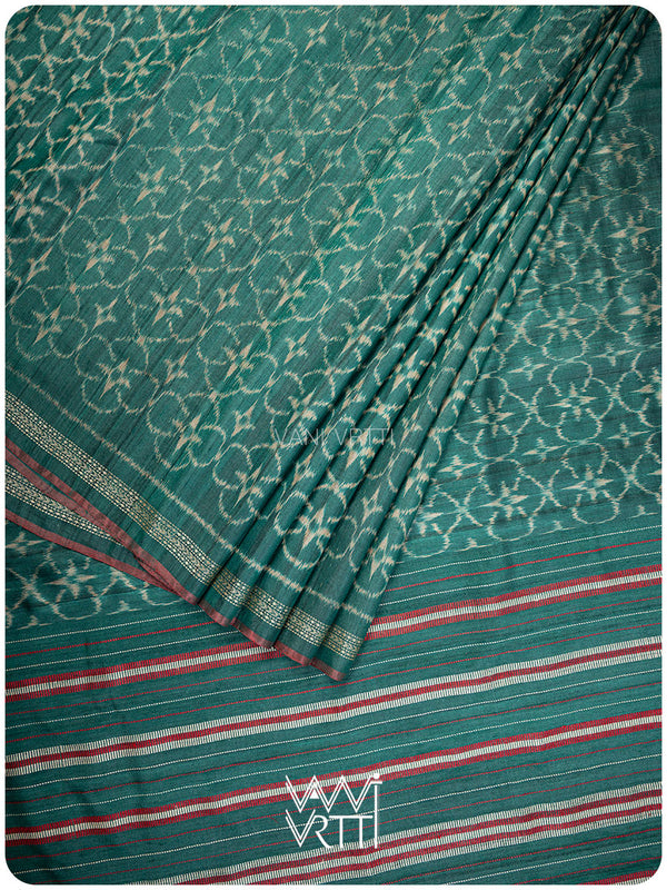 Bottle Green Chrysanthemum Master Weave Designer Handspun Ikat Tussar Silk Sari