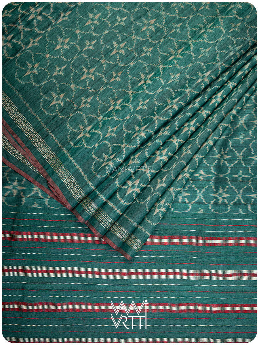 Bottle Green Chrysanthemum Master Weave Designer Handspun Ikat Tussar Silk Sari