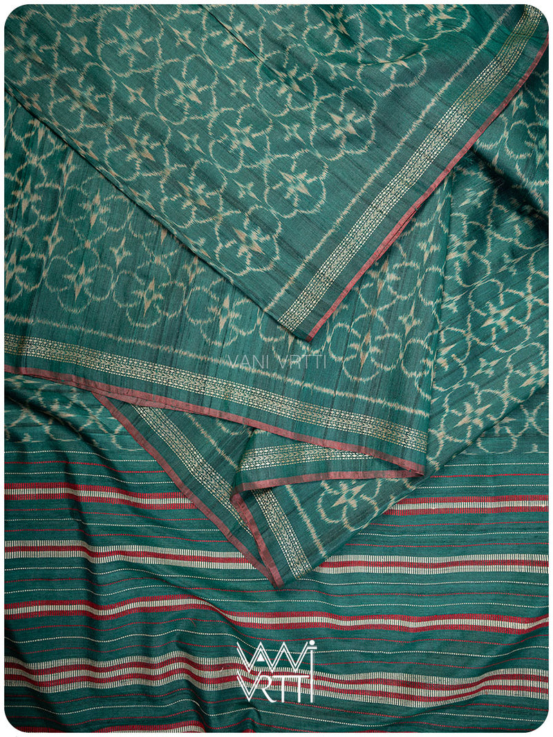 Bottle Green Chrysanthemum Master Weave Designer Handspun Ikat Tussar Silk Sari