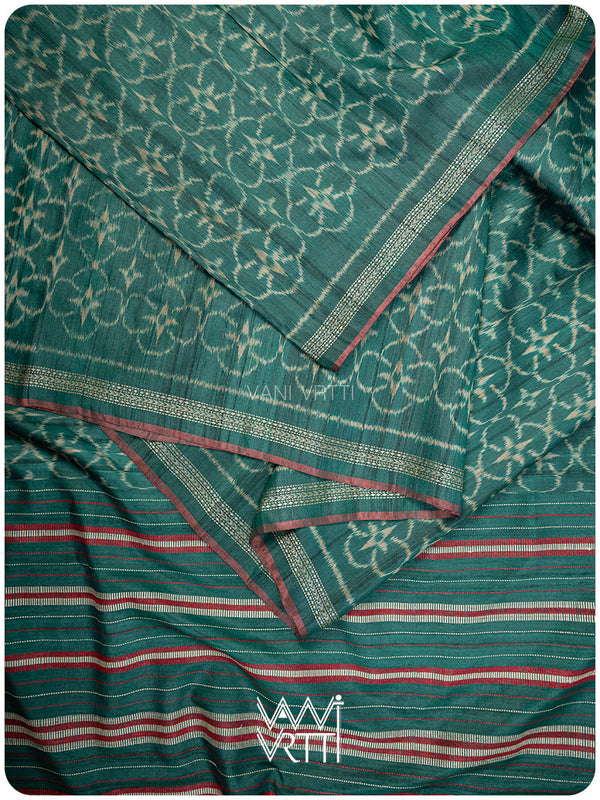 Bottle Green Chrysanthemum Master Weave Designer Handspun Ikat Tussar Silk Sari