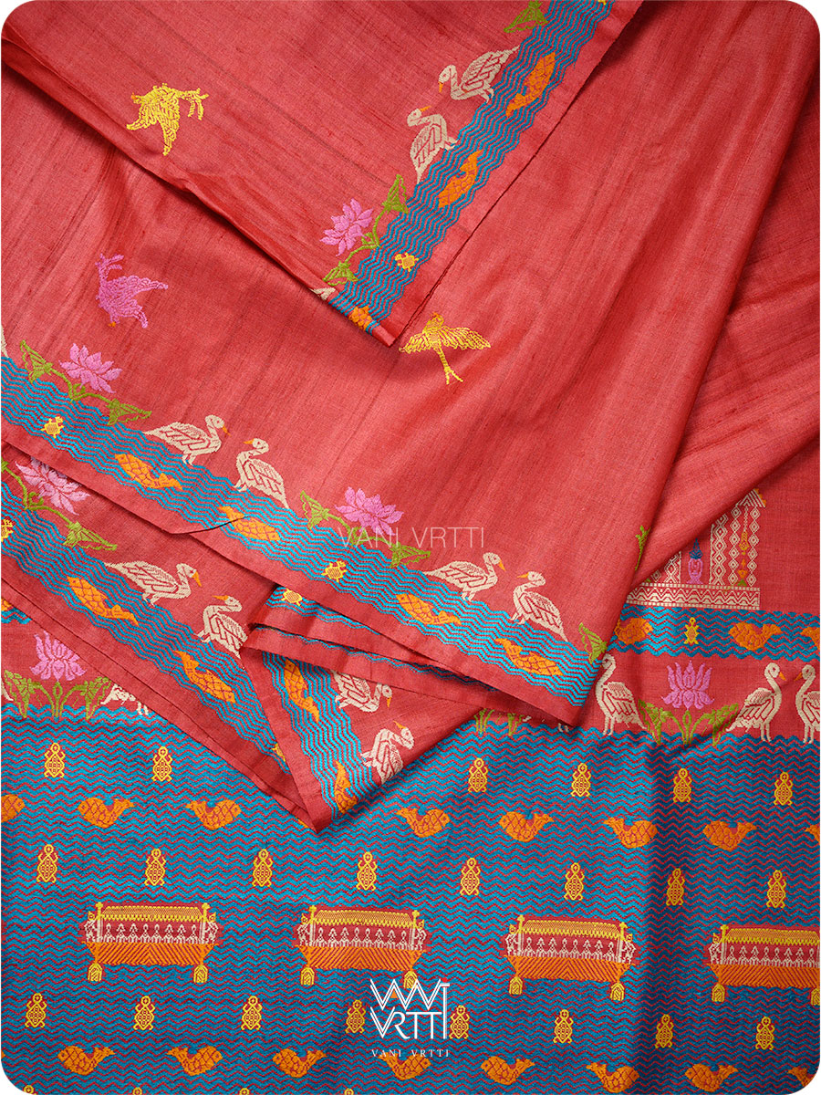 Cherry Red Chilika Master Weave Exclusive Handspun Tussar Silk Saree