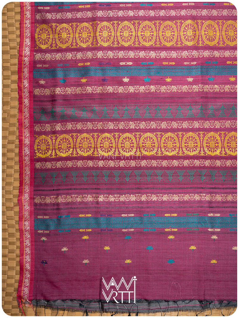 Pallu of slate grey Konark saree with handwoven lotus flowers and Airavata border