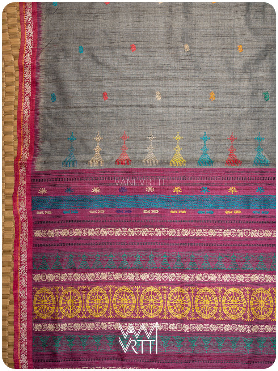 Body of slate grey Konark saree with Airavata elephant buttis