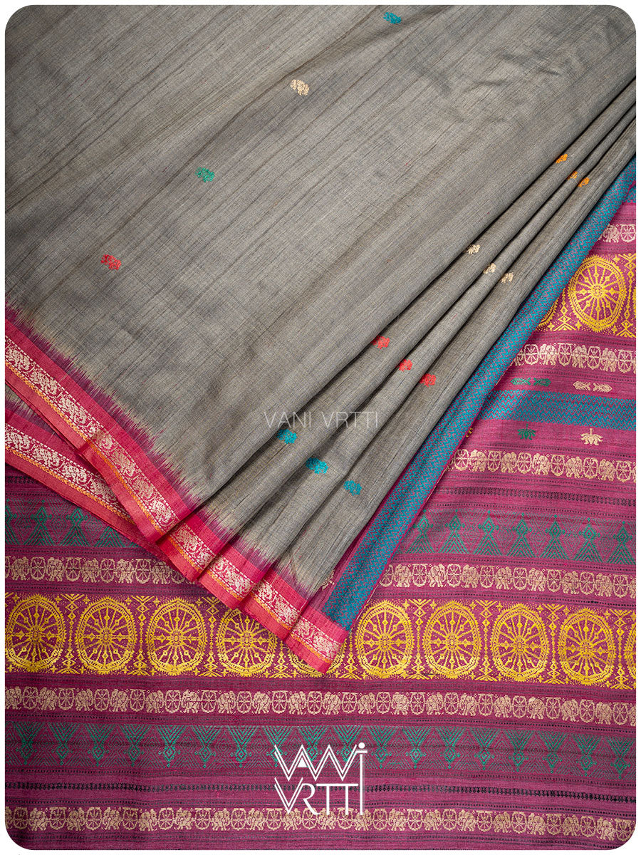 Folded slate grey handspun tussar silk Konark saree