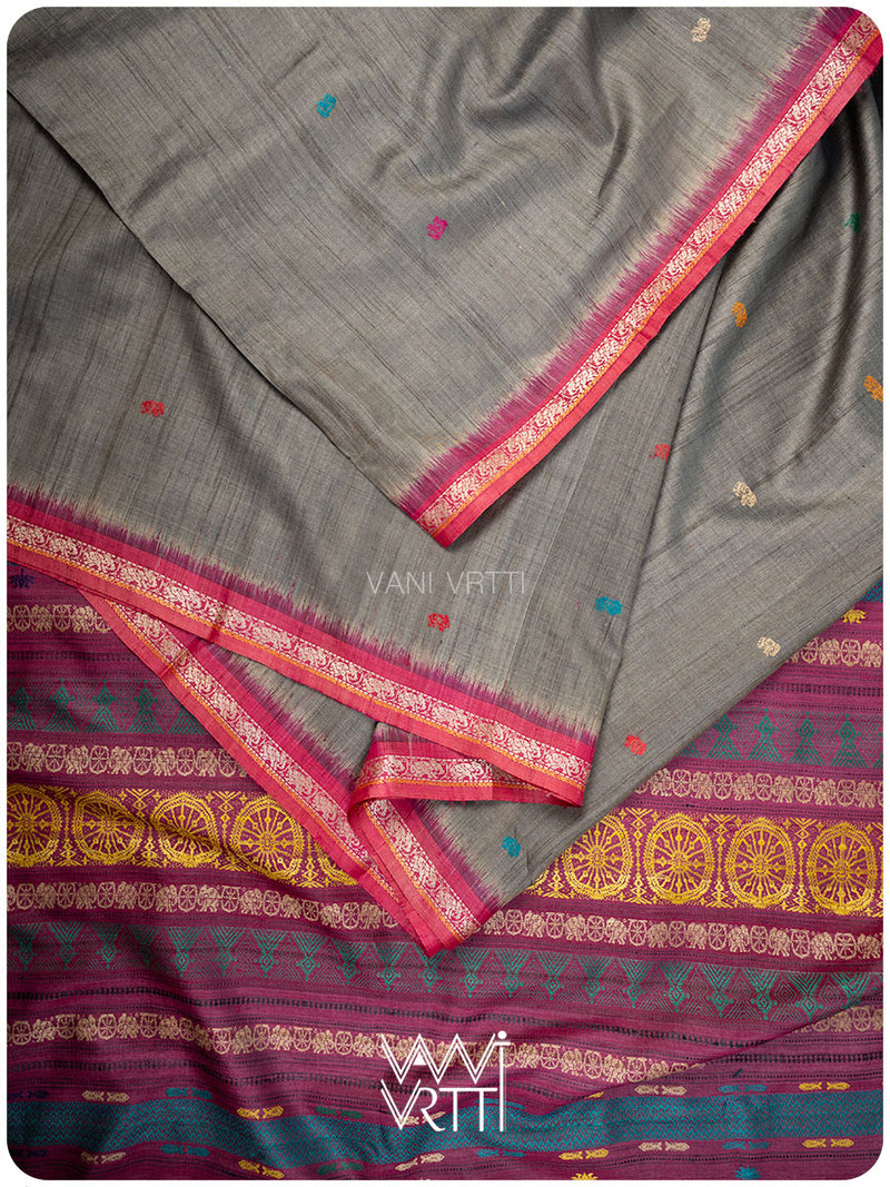 Ikat border close-up on slate grey tussar silk Konark saree