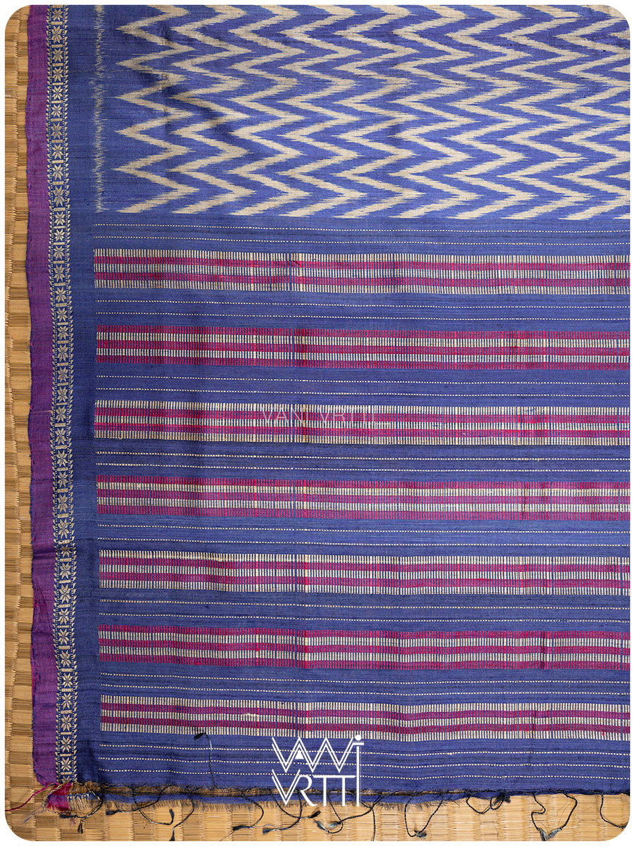 Royal Blue Aziz Ikat Handspun Tussar Silk Saree