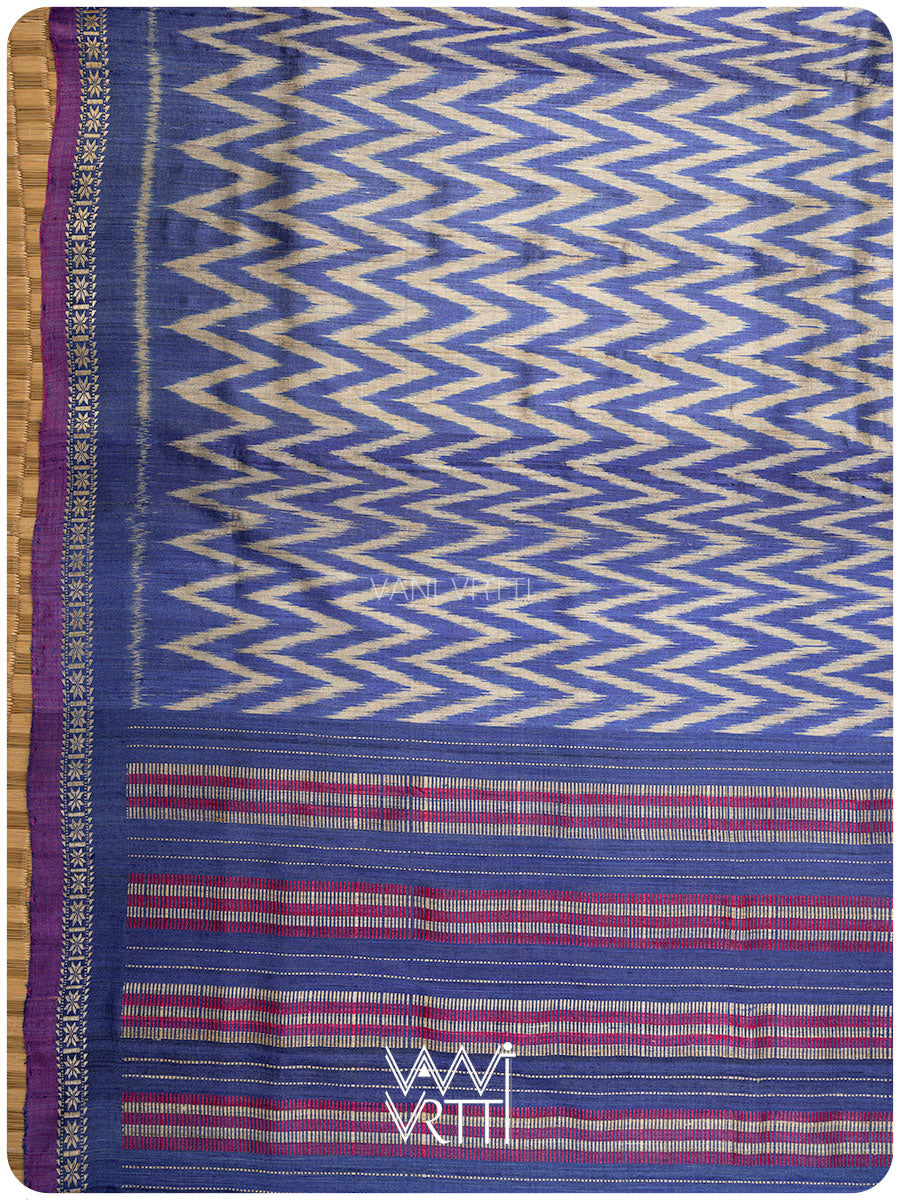 Royal Blue Aziz Ikat Handspun Tussar Silk Saree