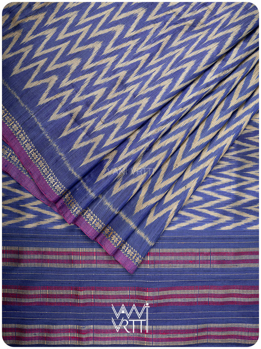 Royal Blue Aziz Ikat Handspun Tussar Silk Saree