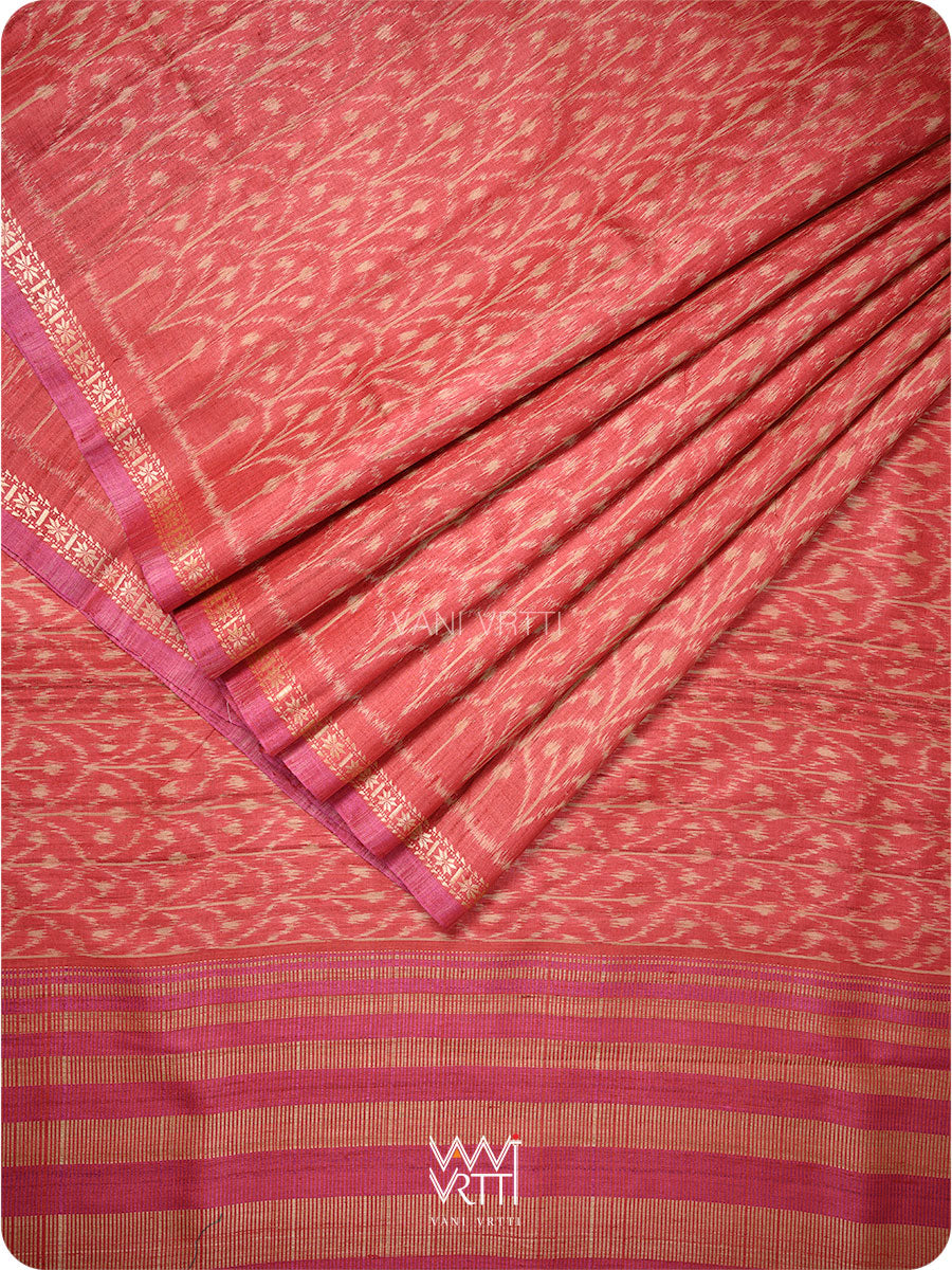 Red Iris Ikat Handspun Tussar Silk Sari