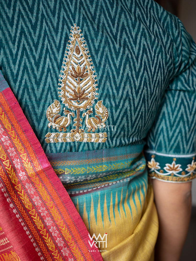 Emerald Green Tree Of Life Zardozi Cotton Ikat Blouse