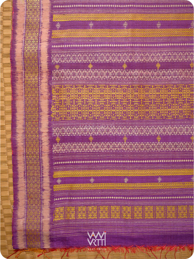 Natural Tussar Yellow Checks Purple Pink Ganga Jamuna Kolam Exclusive Handspun Tussar Silk Saree