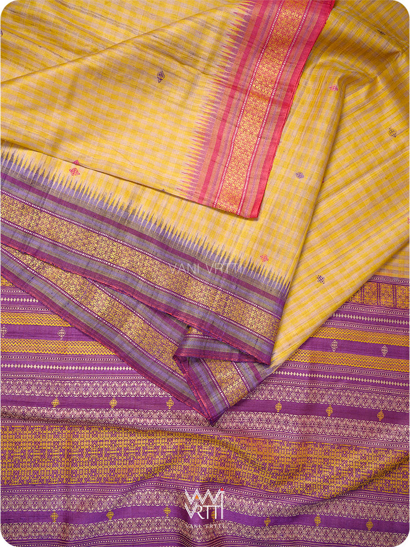 Natural Tussar Yellow Checks Purple Pink Ganga Jamuna Kolam Exclusive Handspun Tussar Silk Saree