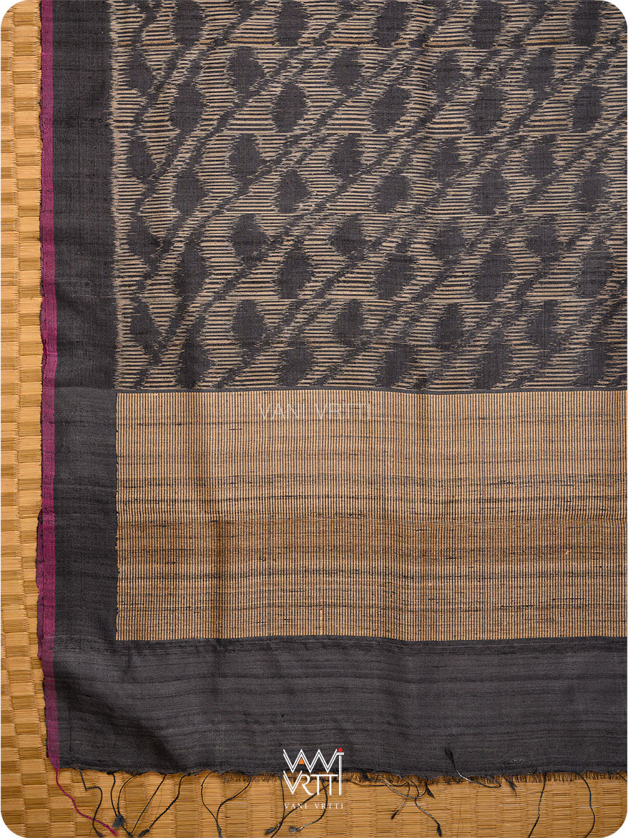 Black Tirsha Ikat Handspun Tussar Silk Saree