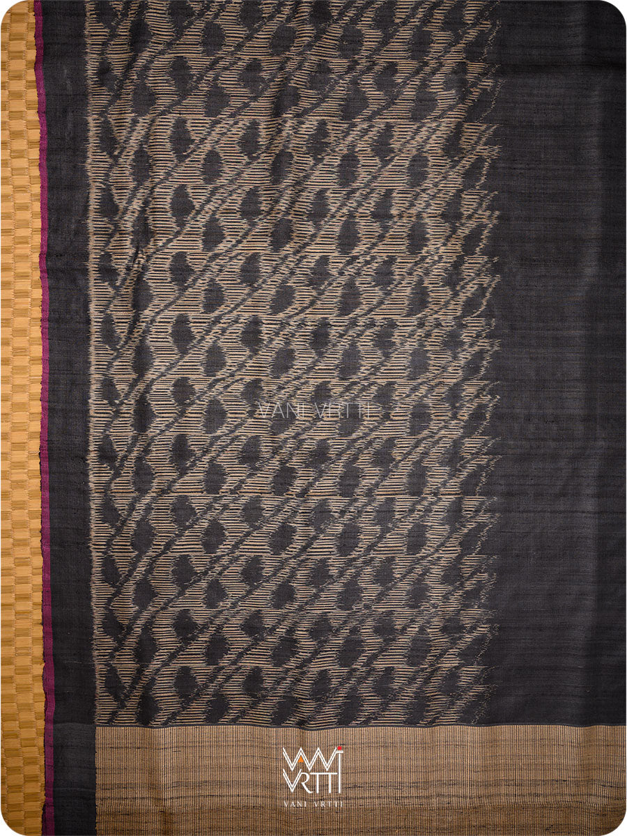 Black Tirsha Ikat Handspun Tussar Silk Saree
