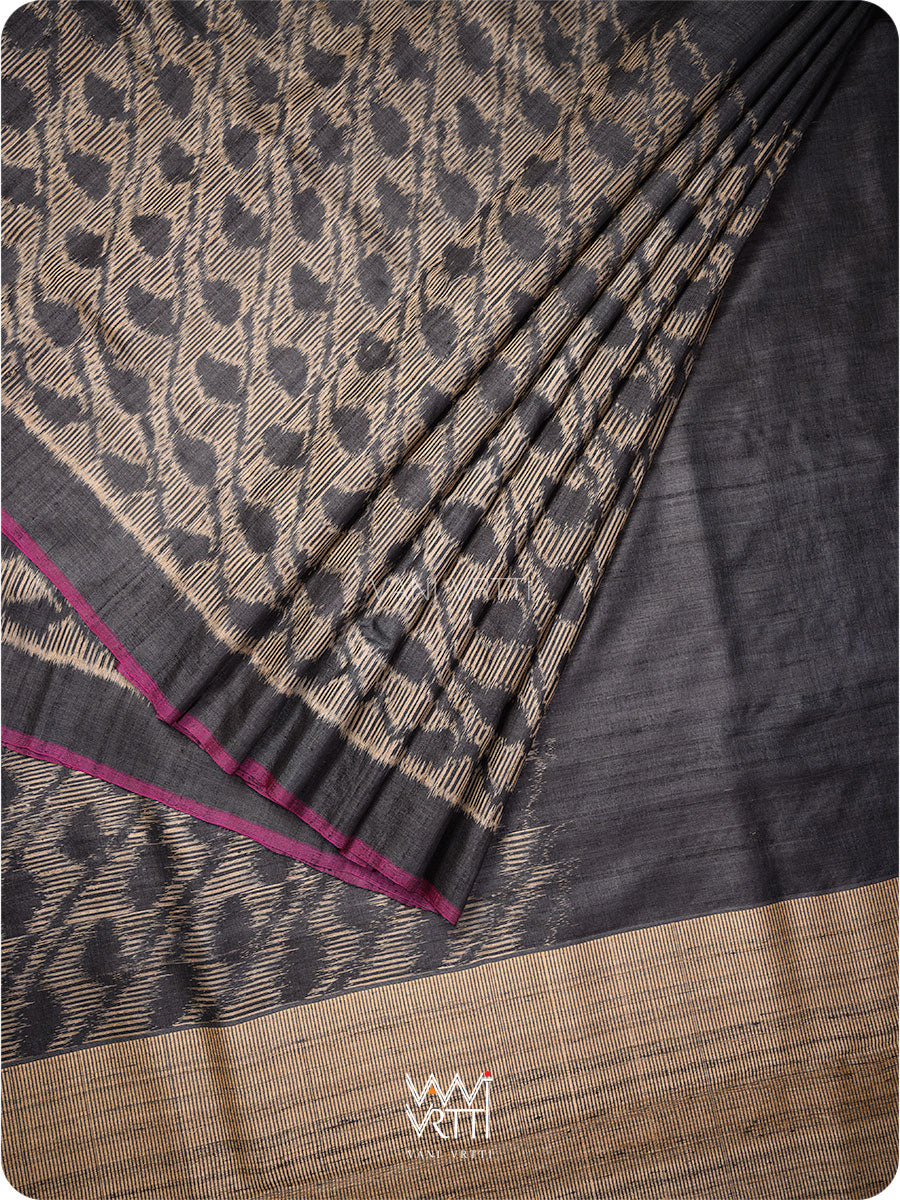 Black Tirsha Ikat Handspun Tussar Silk Saree