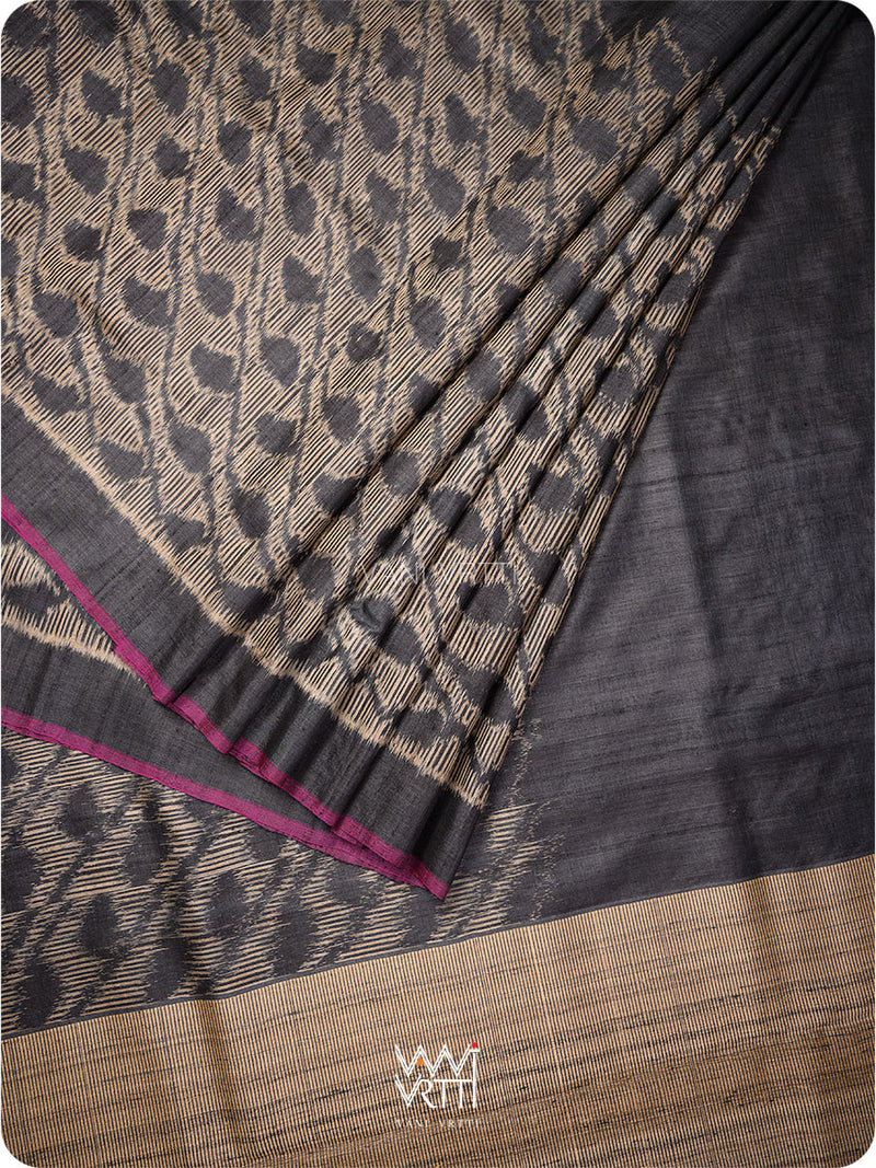 Black Tirsha Ikat Handspun Tussar Silk Saree