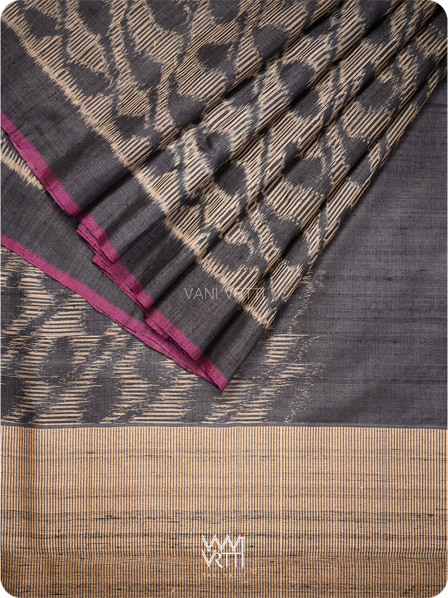 Black Tirsha Ikat Handspun Tussar Silk Saree