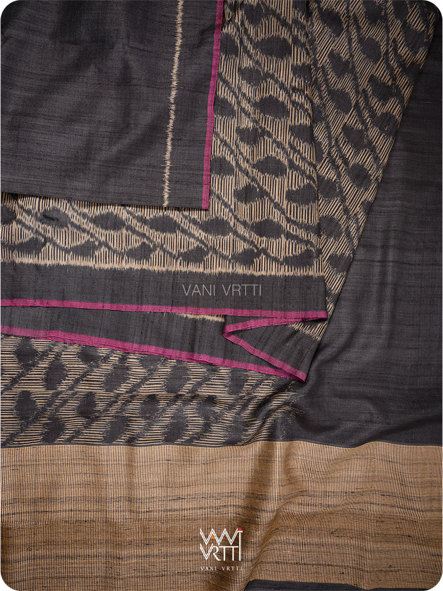 Black Tirsha Ikat Handspun Tussar Silk Saree