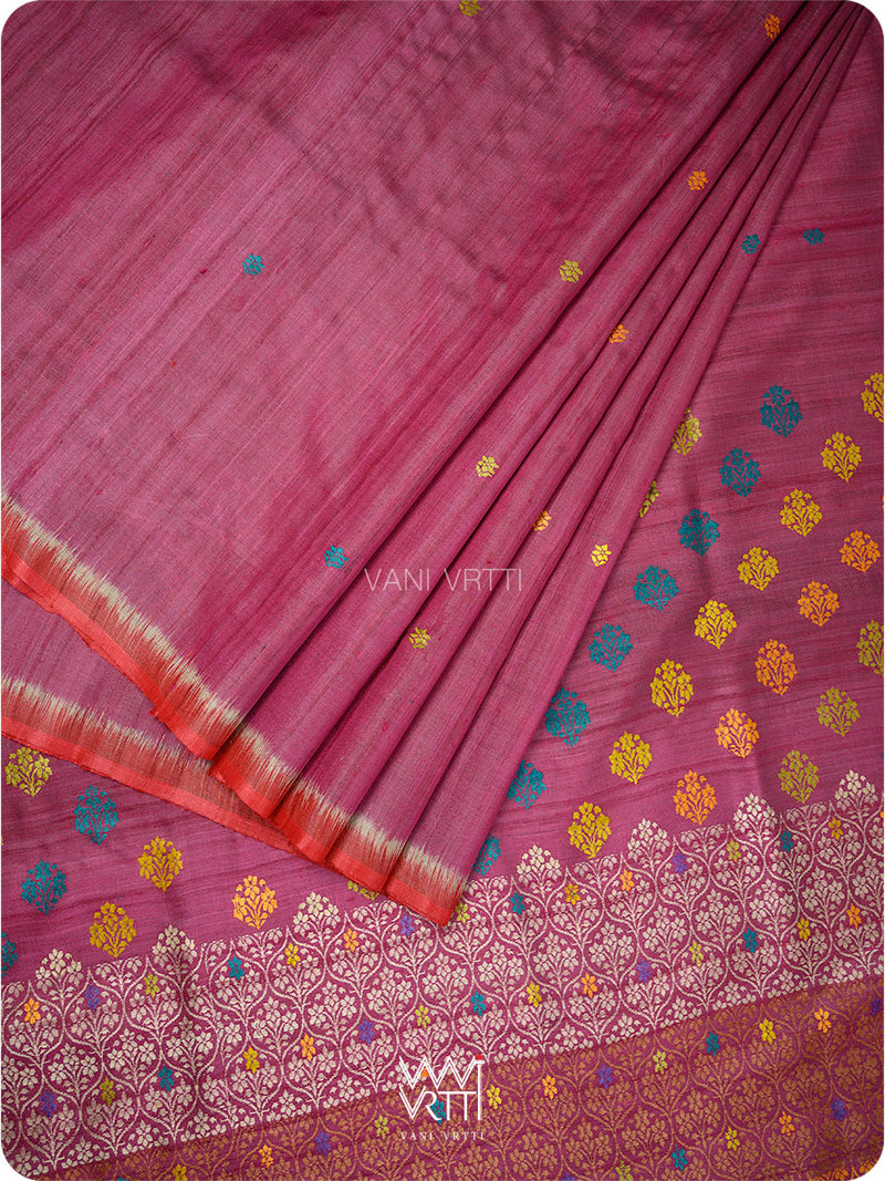 Burgundy Red Parijat Handspun Tussar Silk Saree