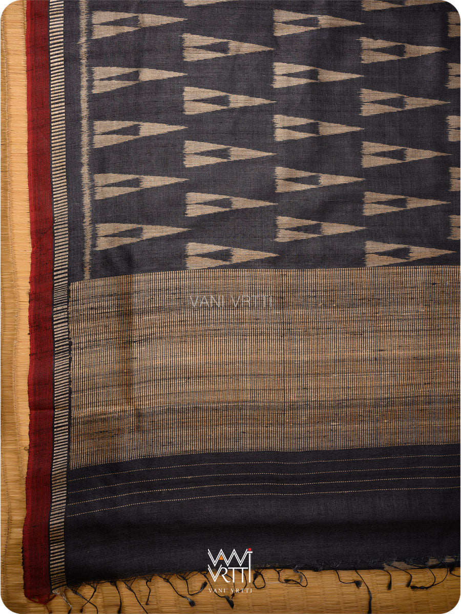 Black Alpana Ikat Handspun Tussar Silk Saree