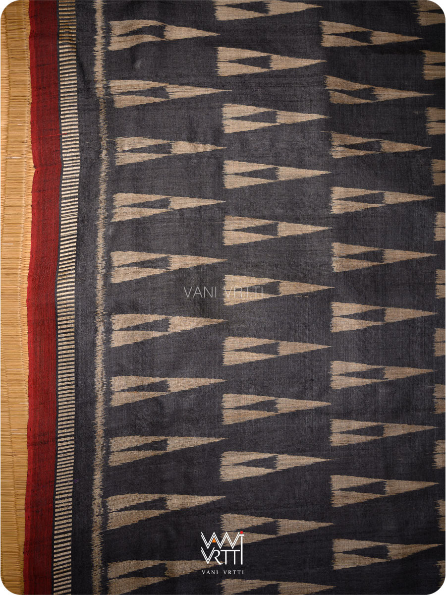 Black Alpana Ikat Handspun Tussar Silk Saree