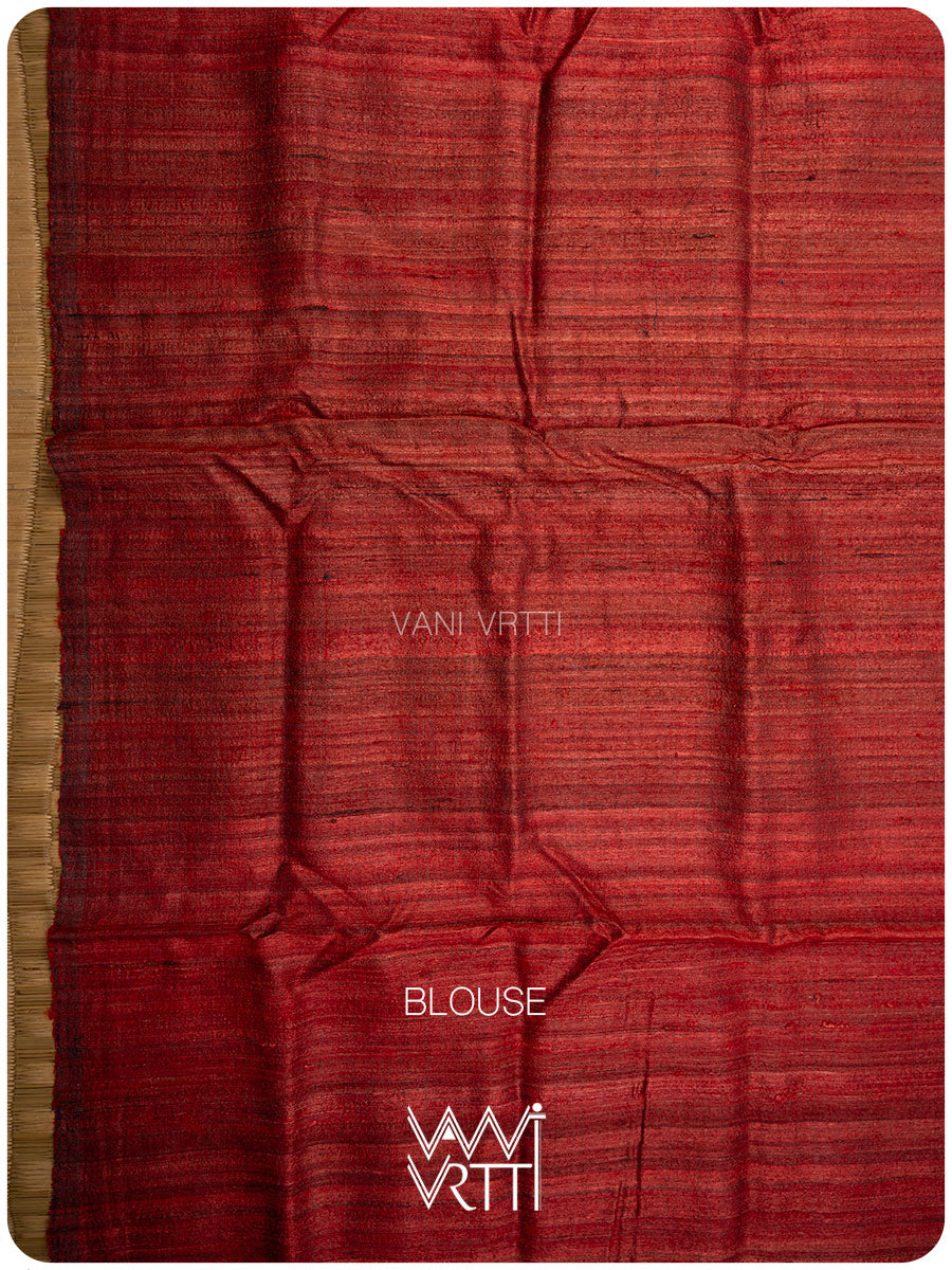 Black Red Abrash Ikat Handspun Tussar Bamboo Silk Saree
