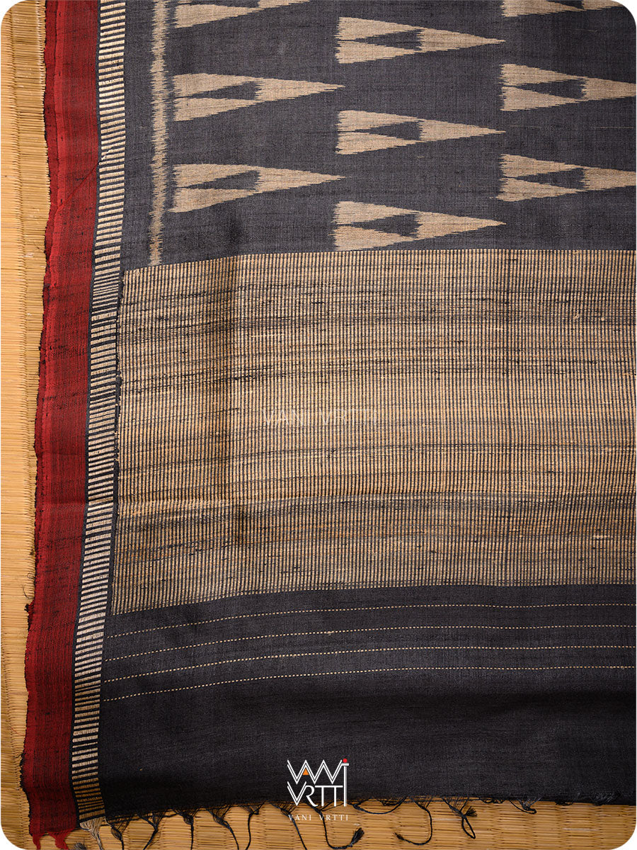 Black Alpana Ikat Handspun Tussar Silk Saree