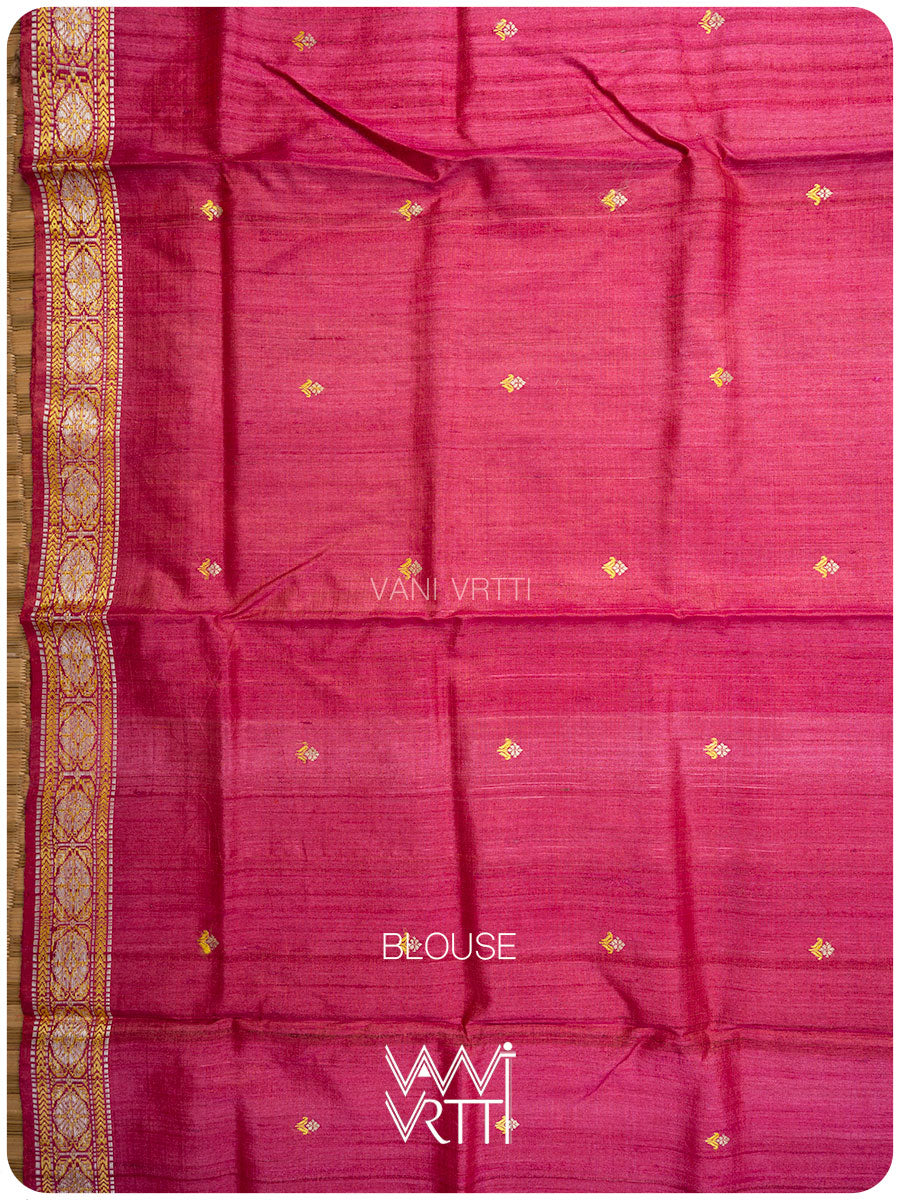 Tomato Red Pink Brahma Kamal Master Weave Exclusive Handspun Tussar Silk Saree