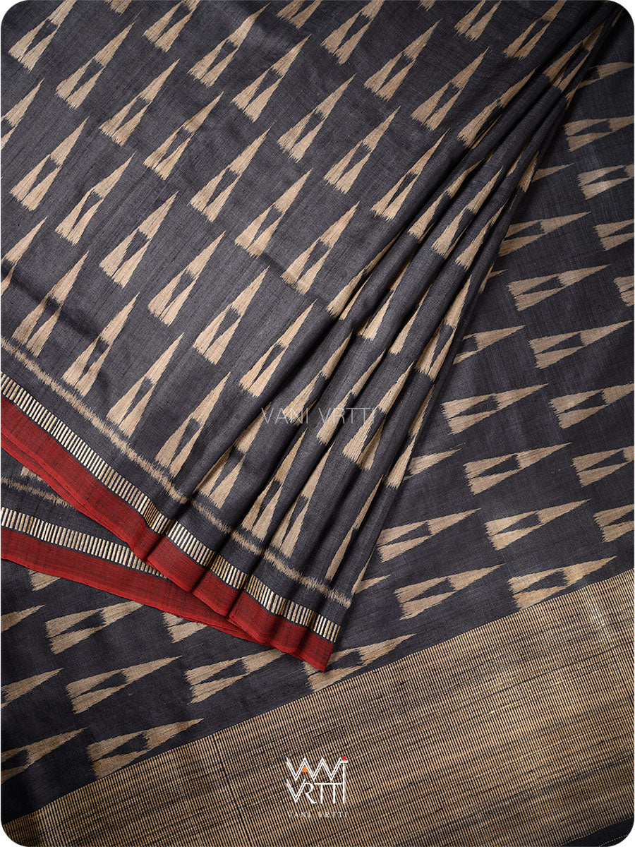 Black Alpana Ikat Handspun Tussar Silk Saree