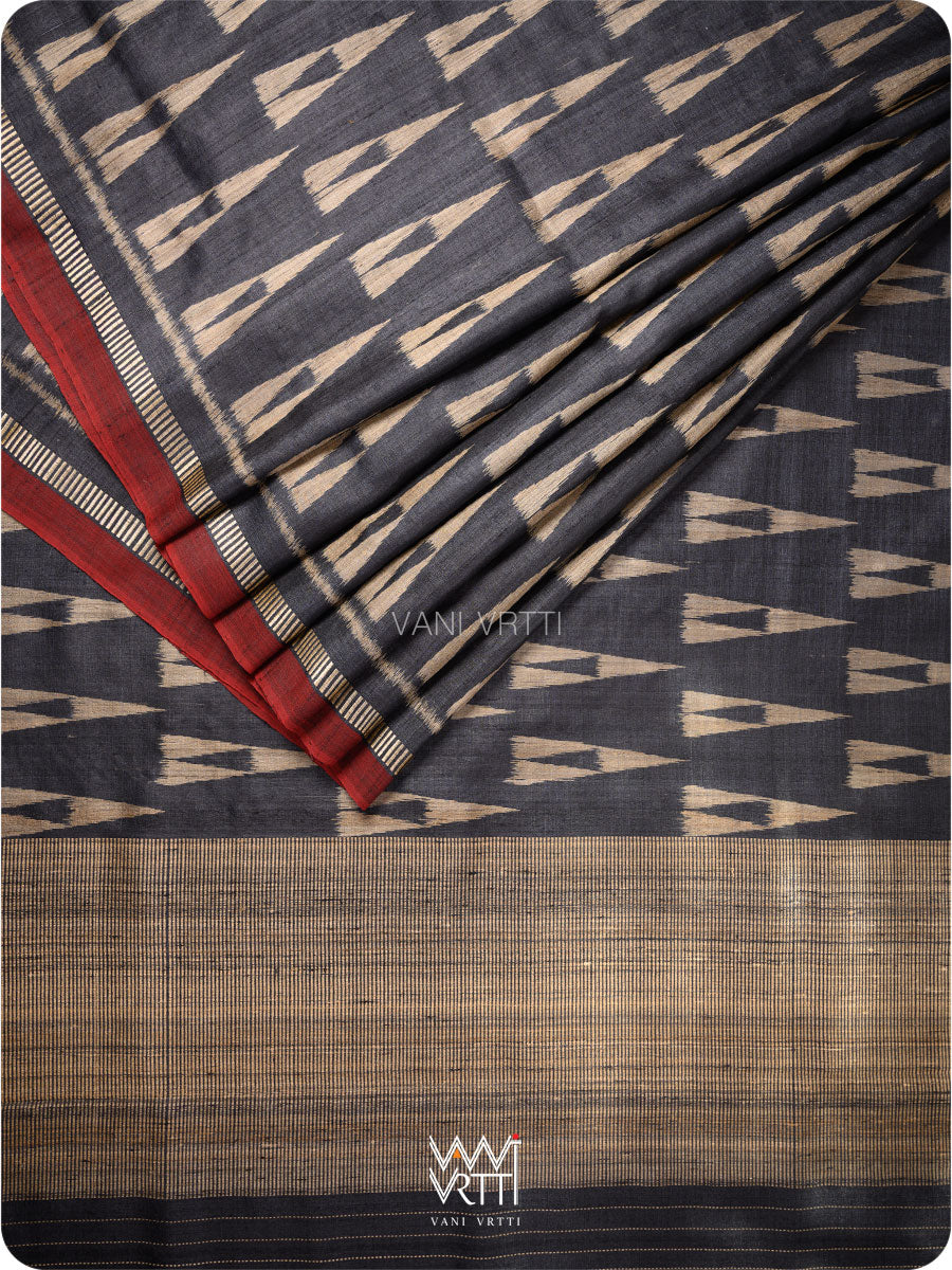 Black Alpana Ikat Handspun Tussar Silk Saree