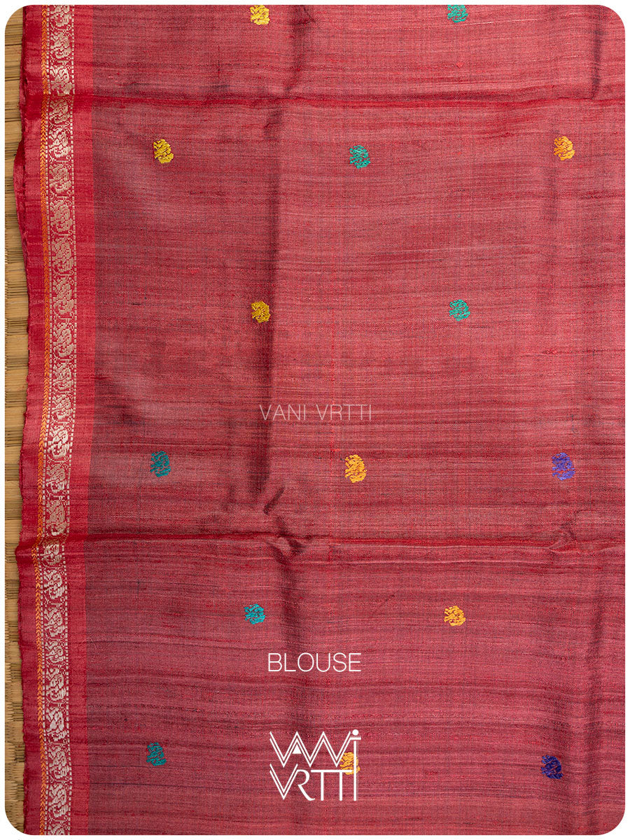 Slate Black Red Airavata Konark Double Palla Handspun Tussar Silk Saree