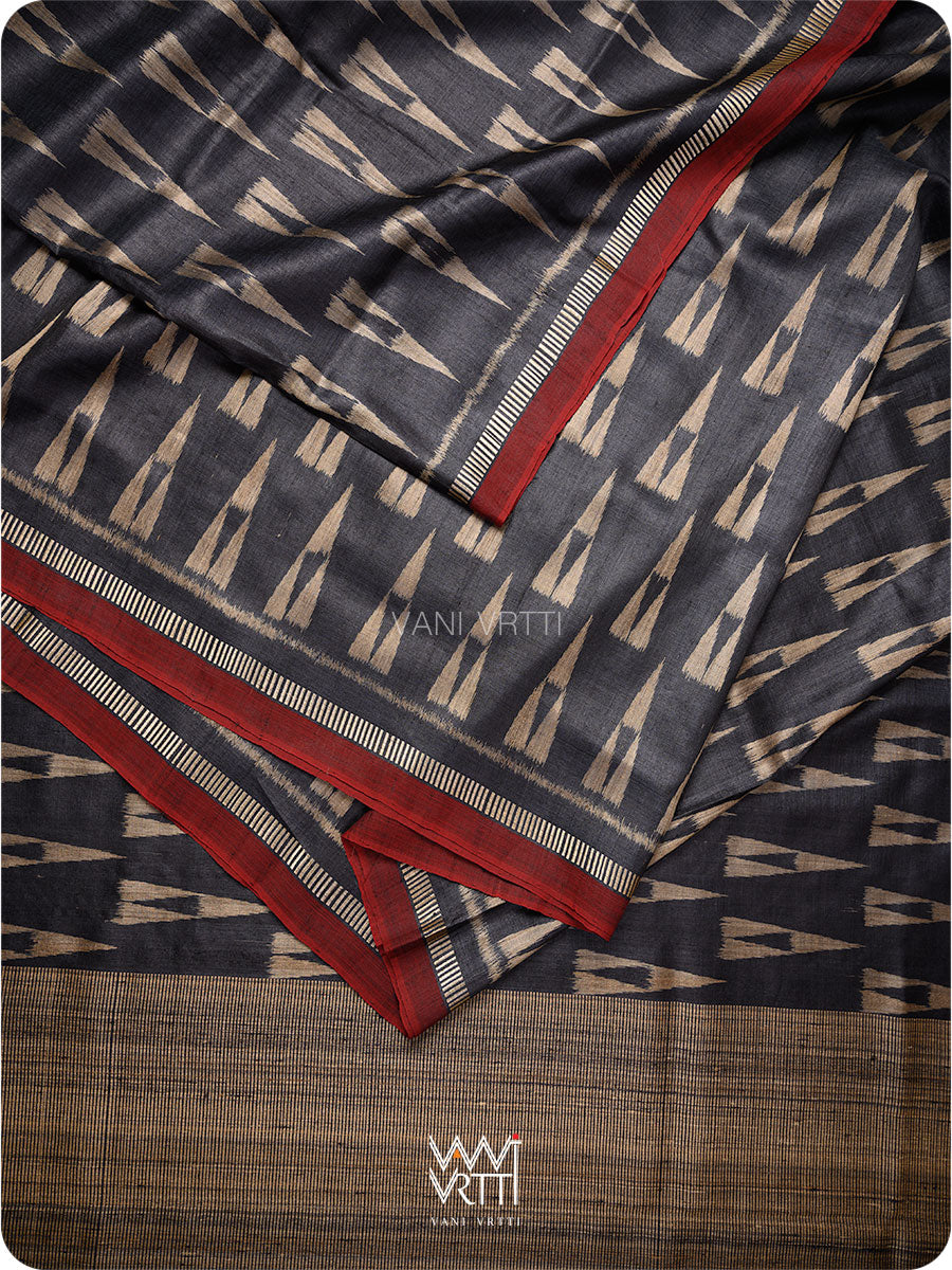 Black Alpana Ikat Handspun Tussar Silk Saree